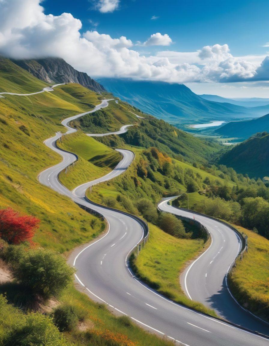 A winding road symbolizing the journey of finding low-cost car insurance, lined with diverse cars in various colors and styles, set against a backdrop of a bright blue sky and fluffy clouds. Include an open map with highlighted paths leading to savings, and subtle icons of protection like shields and check marks. Emphasize a feeling of guidance and exploration. vibrant colors. super-realistic.