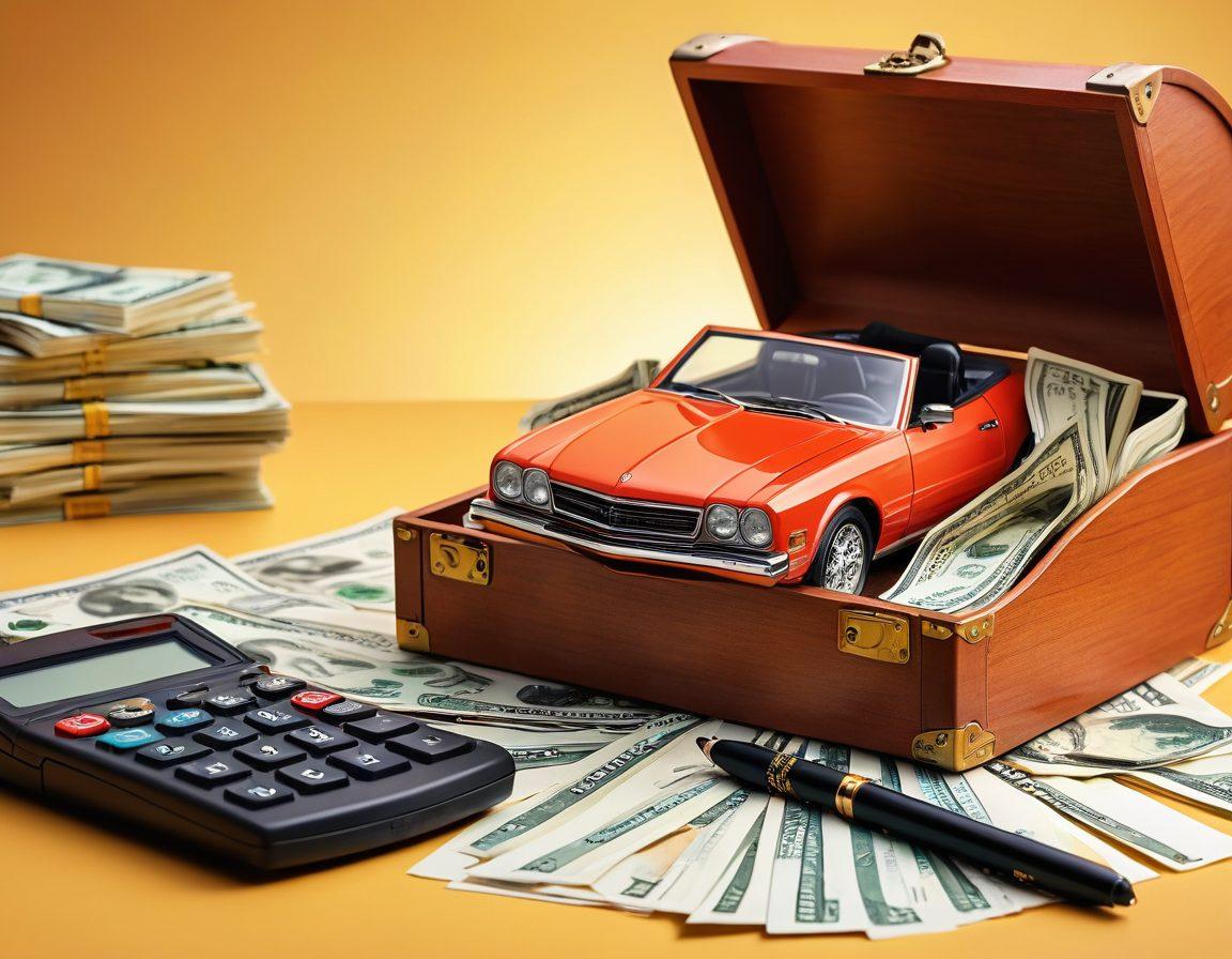 A magnifying glass revealing a treasure chest filled with cash and car insurance policies, symbolizing hidden savings. The background features a sleek car, a calculator, and percentage signs floating around, representing discounts. Bright, inviting color palette with a touch of golden light illuminating the treasure. vector art. vibrant colors.